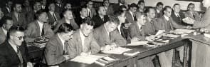 Students in the class of Prof. J.D. du Toit (Totius), 1949.