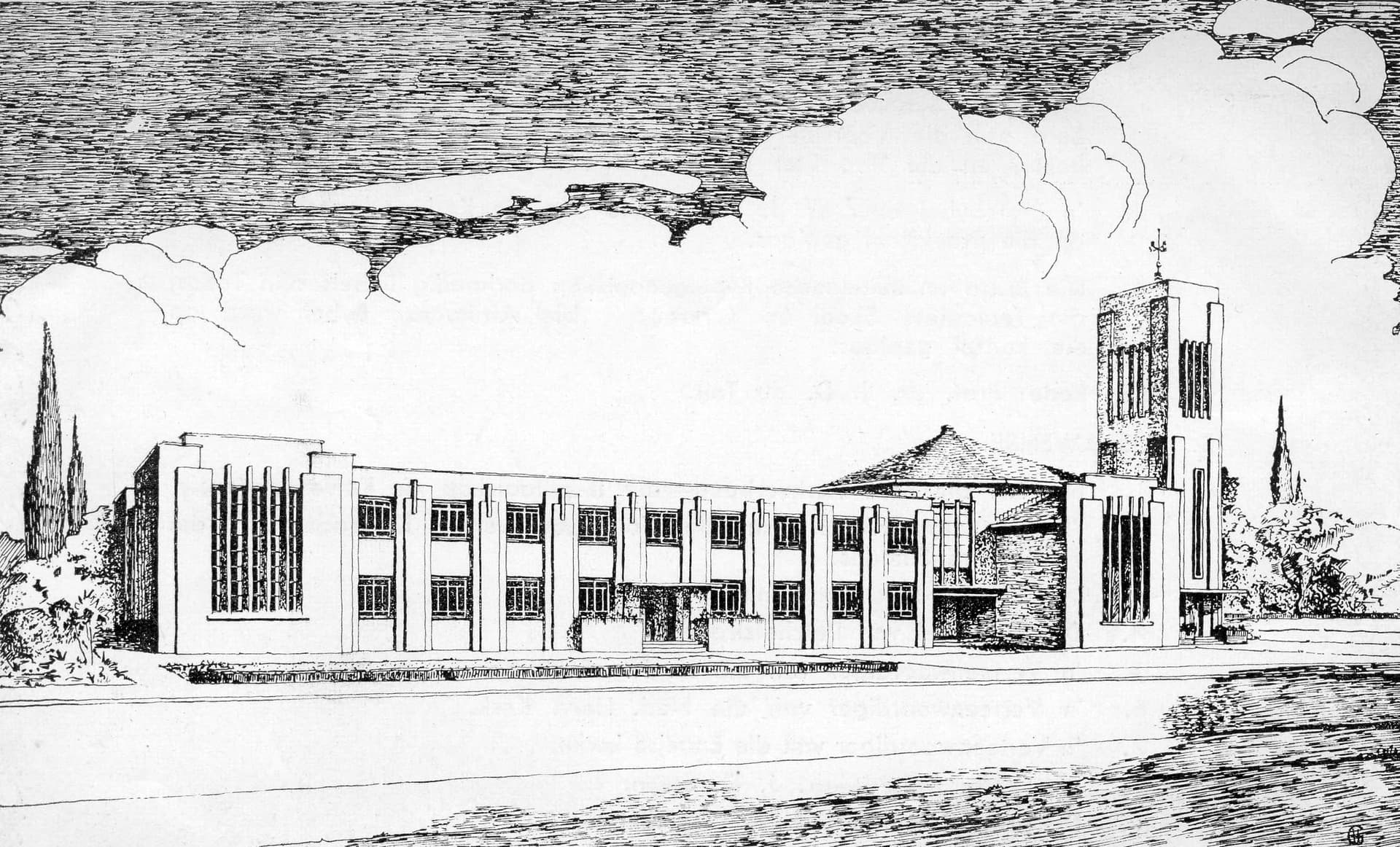 Perspective drawing of the new Theological School and the Potchefstroom-Noord church, by the architects Gerard Moerdyk and Henry Watson, around 1951.
